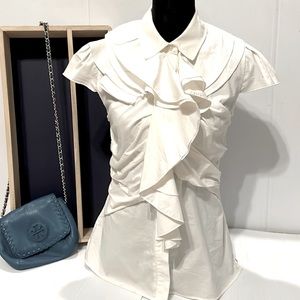 Adrienne Vittadini Studio White Cap sleeve Ruffle button up Top / Blouse size 4